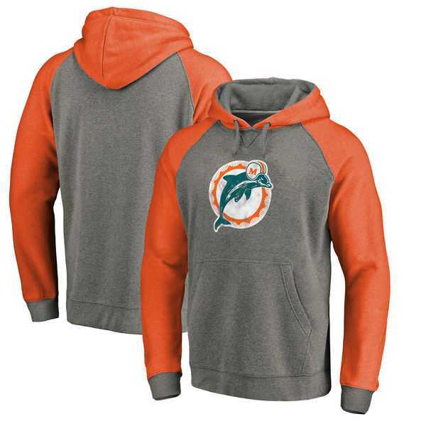 Miami Dolphins NFL Pro Line by Fanatics Branded Gray Orange Throwback Logo Tri-Blend Raglan Pullover Hoodie 90Hou